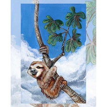 Load image into Gallery viewer, An art print of the Four of Cups tarot card from the Animism tarot: a sloth holds on to a skinny tree trunk. Four leaves grow from the right side of the tree.
