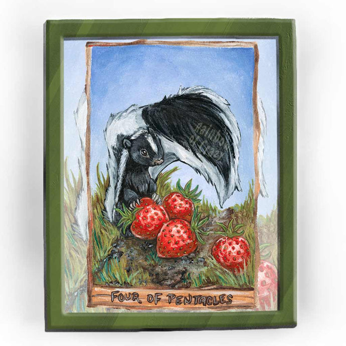an art print of the four of pentacles, from the animism tarot: a skunk guards four large strawberries.