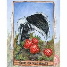 Load image into Gallery viewer, an art print of the four of pentacles, from the animism tarot: a skunk guards four large strawberries.

