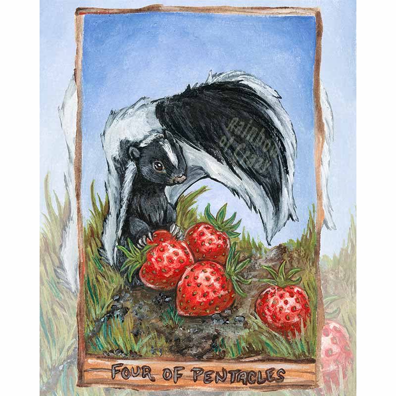 an art print of the four of pentacles, from the animism tarot: a skunk guards four large strawberries.