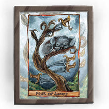 Load image into Gallery viewer, From the Animism Tarot, this art print features the Four of Swords card: a koala bear rests in a tree, eyes closed in a moment of peace.
