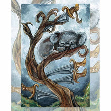 Load image into Gallery viewer, From the Animism Tarot, this art print features the Four of Swords card: a koala bear rests in a tree, eyes closed in a moment of peace.
