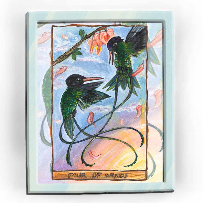 An art print of the four of wands tarot card, from the animism tarot: a pair of hummingbirds dance together, surrounded by falling flower petals
