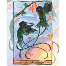Load image into Gallery viewer, An art print of the four of wands tarot card, from the animism tarot: a pair of hummingbirds dance together, surrounded by falling flower petals
