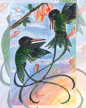 Load image into Gallery viewer, An art print of the four of wands tarot card, from the animism tarot: a pair of hummingbirds dance together, surrounded by falling flower petals
