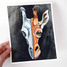 Load image into Gallery viewer, This illustration features a giraffe&#39;s face on the right side and a stylized giraffe skull on the left side. A creepy yet cute art print for giraffe lovers!
