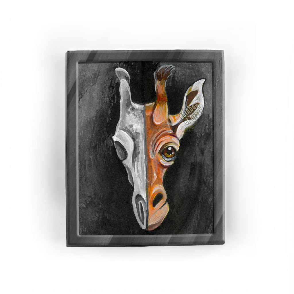 This illustration features a giraffe's face on the right side and a stylized giraffe skull on the left side. A creepy yet cute art print for giraffe lovers!