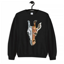 Load image into Gallery viewer, A unisex sweatshirt in the colour black, printed with art split into two: the right side features the face of a giraffe, and the left side features an evil looking giraffe skull.
