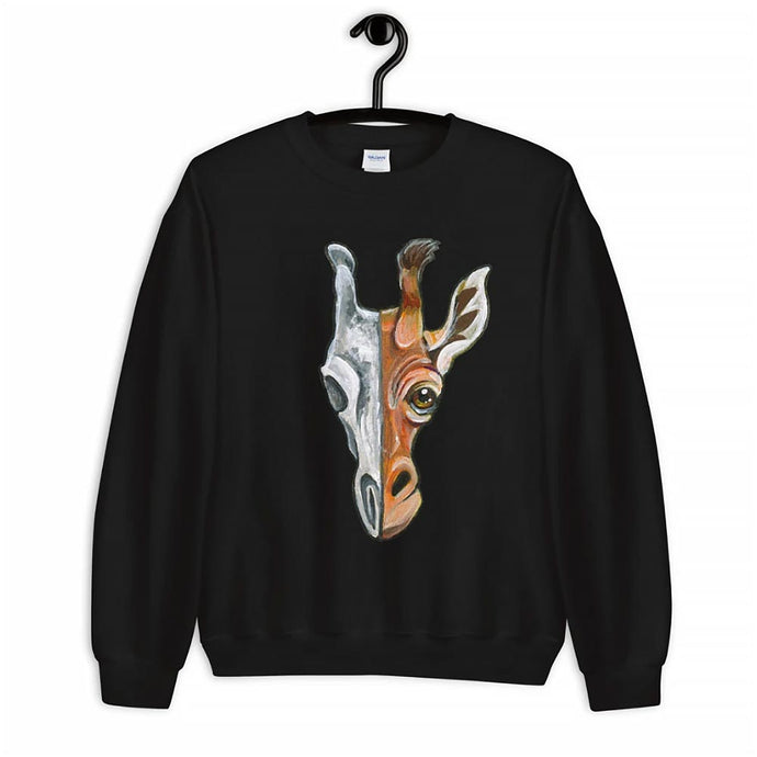 A unisex sweatshirt in the colour black, printed with art split into two: the right side features the face of a giraffe, and the left side features an evil looking giraffe skull.