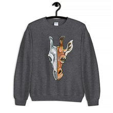 Load image into Gallery viewer, A unisex sweatshirt in the colour dark heather grey, printed with a graphic split into two: the right side features the face of a giraffe, and the left side features an evil looking giraffe skull.
