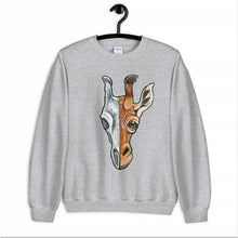 Load image into Gallery viewer, A unisex sweatshirt in the colour sport grey, printed with art split into two: the right side features the face of a giraffe, and the left side features an evil looking giraffe skull.
