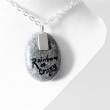 Load image into Gallery viewer, the back of the tree swing stone necklace, signed with &quot;Rainbow of Crazy&quot;
