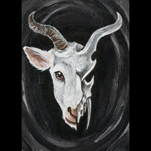 Load image into Gallery viewer, an aceo features a split image: a white horned goat&#39;s head on the left side, and a darker, stylized goat skull on the right

