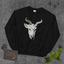 Load image into Gallery viewer, A unisex sweatshirt in the colour black, printed with a graphic of a split image: the left side features the face of a goat, and the ride side features an evil looking goat skull
