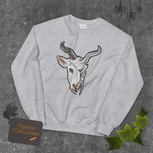 Load image into Gallery viewer, A unisex sweatshirt in the colour sport grey, printed with art of a split image: the left side features the face of a goat, and the ride side features an evil looking goat skull
