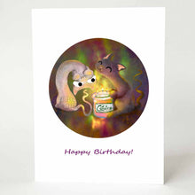 Load image into Gallery viewer, A greeting card featuring art of a white cat and black cat enjoying a scented candle labeled, Cataire. The card reads, Happy Birthday!
