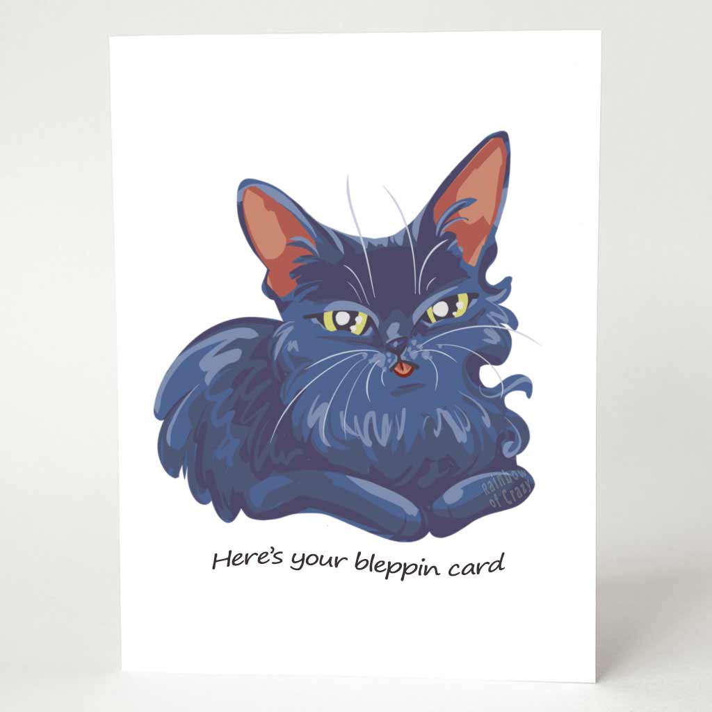 a greeting card with an illustration of a Russian Blue Cat with yellow eyes and a small blep. It reads, 