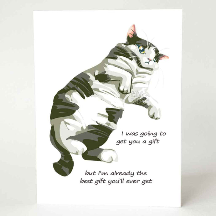 a greeting card of a white and gray cat with yellow eyes, looking very unimpressed. it reads, 
