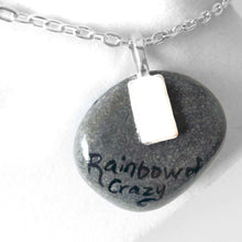 Load image into Gallery viewer, the back of the grey tabby cat necklace, signed with &quot;Rainbow of Crazy&quot;
