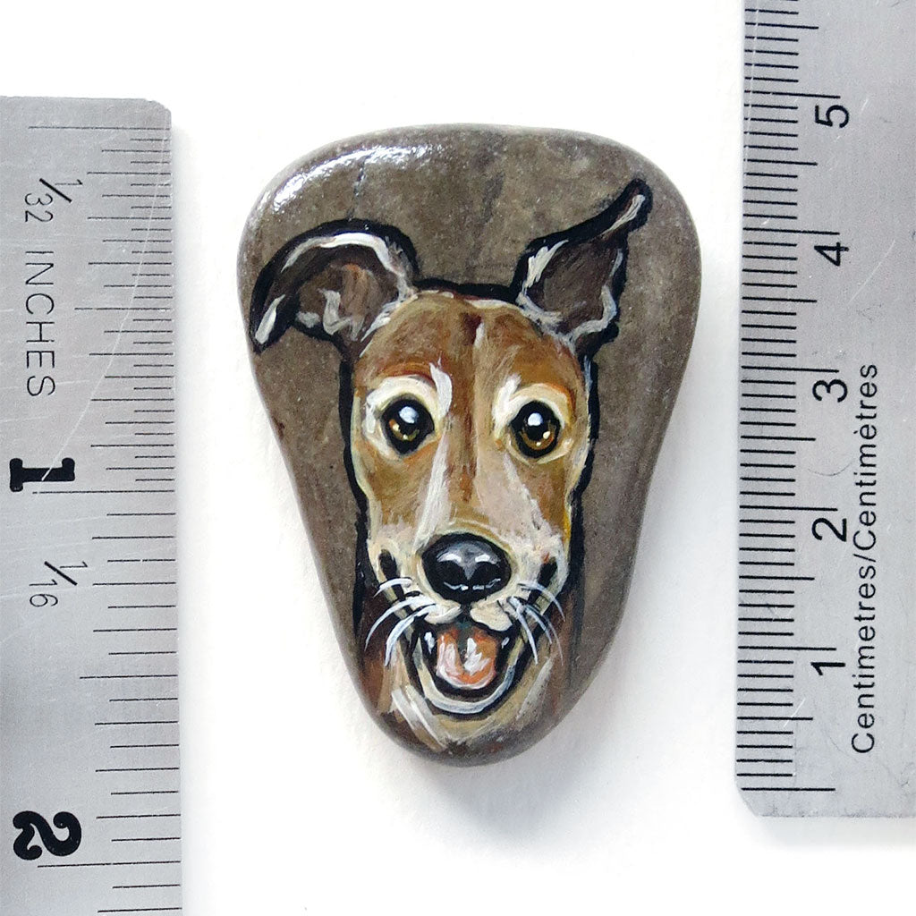 hand painted rock art of a smiling brown greyhound dog, next to two rulers to show its size: 1 3/4