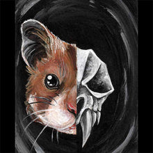 Load image into Gallery viewer, A portrait of a cute golden hamster is on the left side and an evil looking hamster skull on the other side
