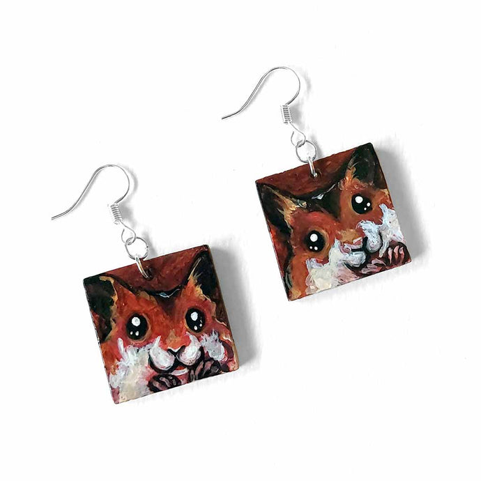 small square wood earrings, hand painted with faces of syrian hamsters