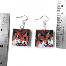 Load image into Gallery viewer, small square wood earrings, hand painted with faces of syrian hamsters
