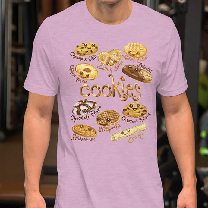 A man wearing the Happy Cookies Premium Unisex T-Shirt in the colour heather prism lilac, featuring an illustration of ten different types of cookies with smiling faces