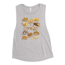 Load image into Gallery viewer, A women&#39;s muscle tank top, in the colour athletic heather grey, printed with art of 10 types of cookies with smiley faces

