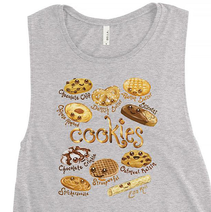 A women's muscle tank top, in the colour athletic heather grey, printed with art of 10 types of cookies with smiley faces