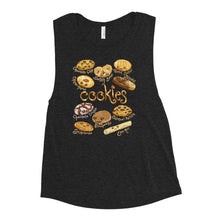 Load image into Gallery viewer, A women&#39;s muscle tank top, in the colour black heather, printed with a graphic of 10 types of cookies with smiley faces
