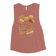 Load image into Gallery viewer, A women&#39;s muscle tank top, in the colour mauve, printed with an illustration of 10 types of cookies with smiley faces
