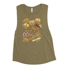 Load image into Gallery viewer, A women&#39;s muscle tank top, in the colour heather olive green, printed with a graphic of 10 types of cookies with smiley faces
