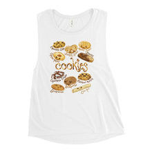 Load image into Gallery viewer, A women&#39;s muscle tank top, in the colour white, printed with a graphic of 10 types of cookies with smiley faces
