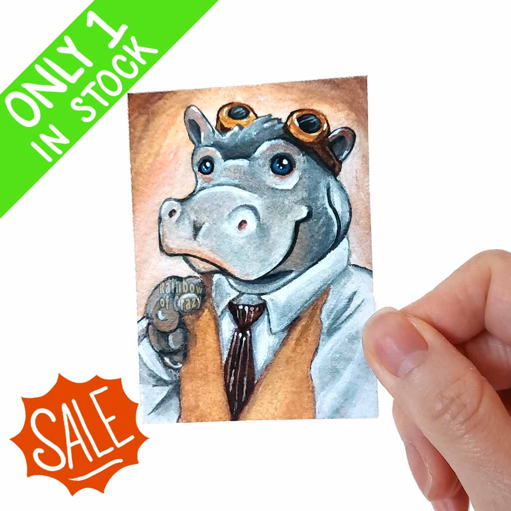 an aceo art print of a hippopotamus wearing a white shirt, tie, vest, and steampunk goggles