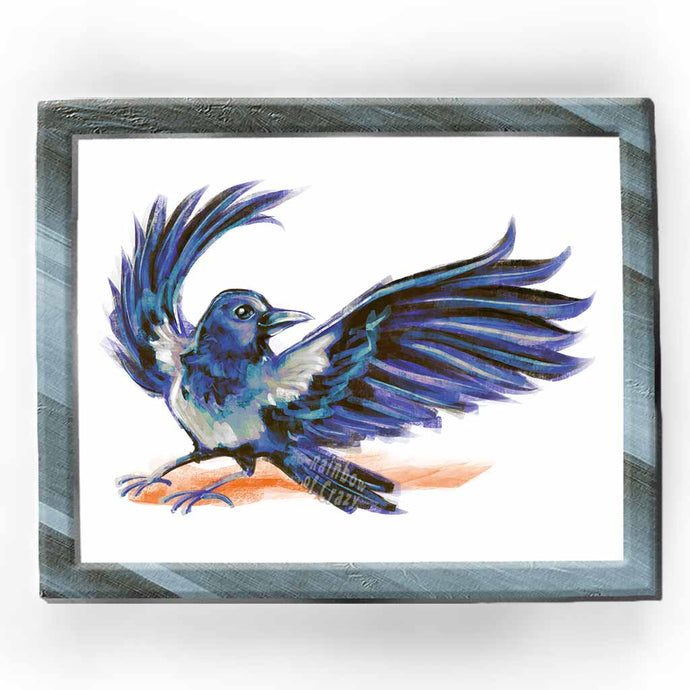 an art print featuring an illustration of a hooded crow, with its wings spread