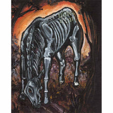 Load image into Gallery viewer, art art print of a black horse, head bent down ot the ground, its skeleton glowing through its skin
