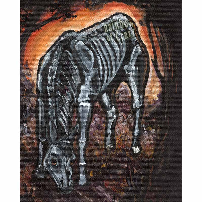 art art print of a black horse, head bent down ot the ground, its skeleton glowing through its skin