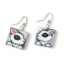 Load image into Gallery viewer, small square fish hook, wood earrings, hand painted with hot rabbit portraits
