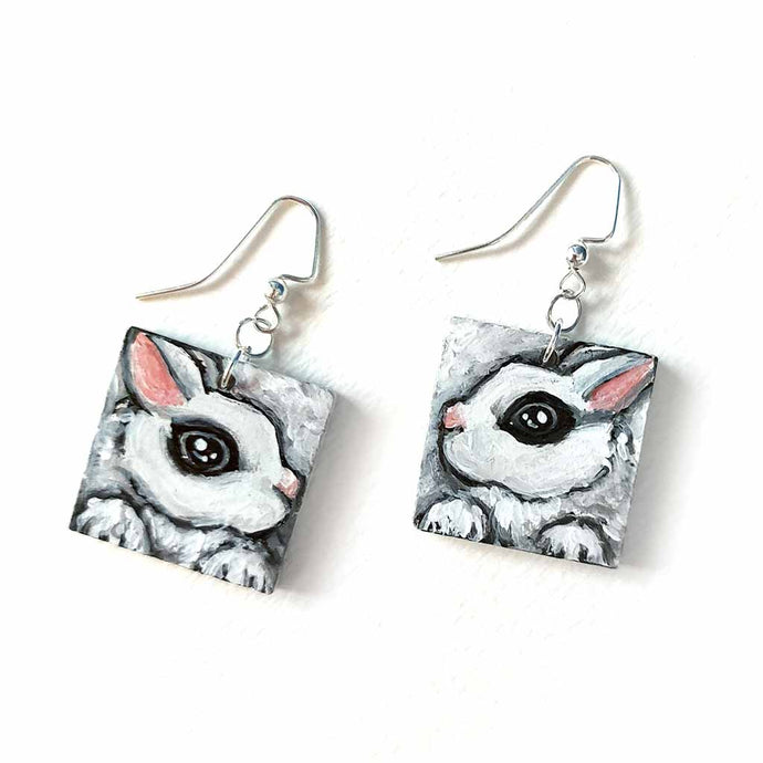 small square fish hook, wood earrings, hand painted with hot rabbit portraits