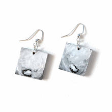 Load image into Gallery viewer, small square fish hook, wood earrings, backs are hand painted with hot rabbit butts
