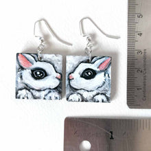 Load image into Gallery viewer, small square fish hook, wood earrings, hand painted with hot rabbit art
