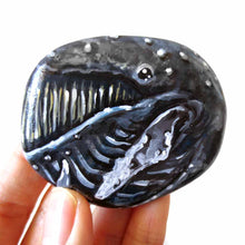 Load image into Gallery viewer, portrait art of a humpback whale, hand painted on a flat, round rock
