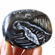 Load image into Gallery viewer, portrait of a humpback whale, hand painted on a flat, round rock
