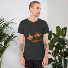 Load image into Gallery viewer, A man wearing the I Believe in You Leaf Premium Unisex T-Shirt in the colour dark heather grey, which includes art of two maple leaves and the words, &quot;I be-leaf in you&quot;
