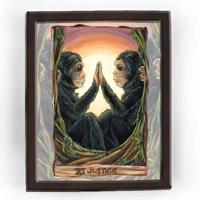 An art print of the Justice tarot card from the animism tarot. A pair of chimpanzees face each other, pressing a hand against the other's.
