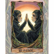 Load image into Gallery viewer, An art print of the Justice tarot card from the animism tarot. A pair of chimpanzees face each other, pressing a hand against the other&#39;s.
