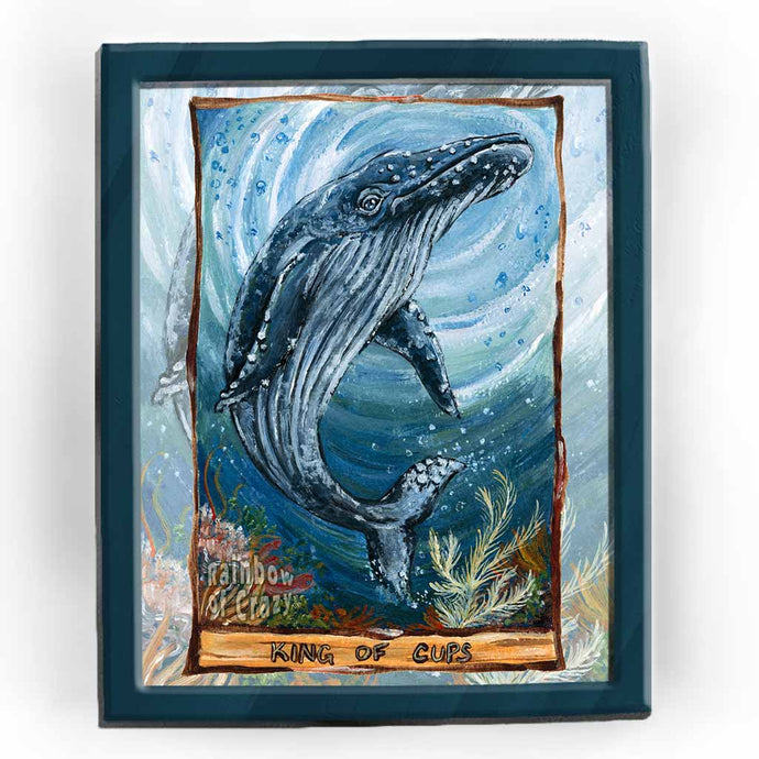 an art print featuring the King of cups from the Animism tarot: a great humpback whale swimming over his kingdom.