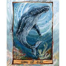 Load image into Gallery viewer, an art print featuring the King of cups from the Animism tarot: a great humpback whale swimming over his kingdom.
