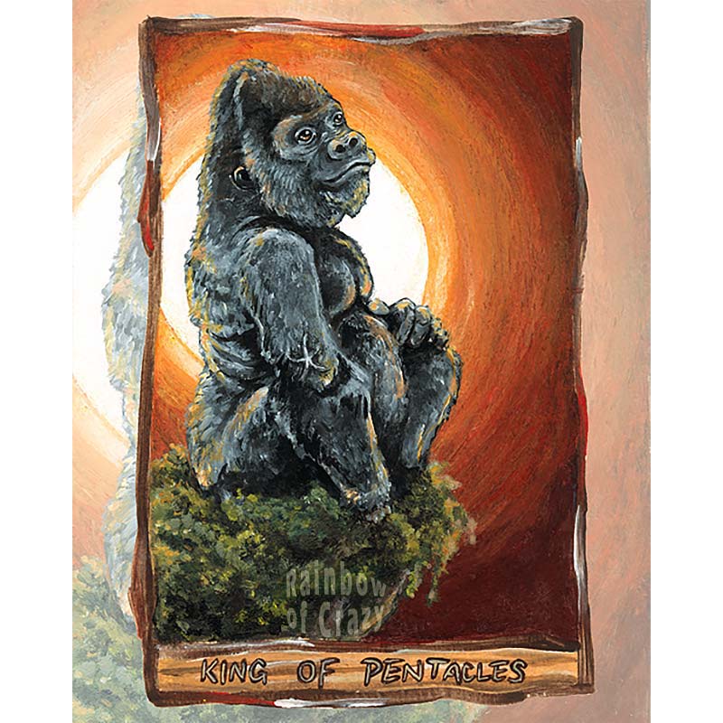 This art print features the King of Pentacles from the Animism Tarot: a silverback gorilla sitting on the edge of a cliff as the sun rises around him